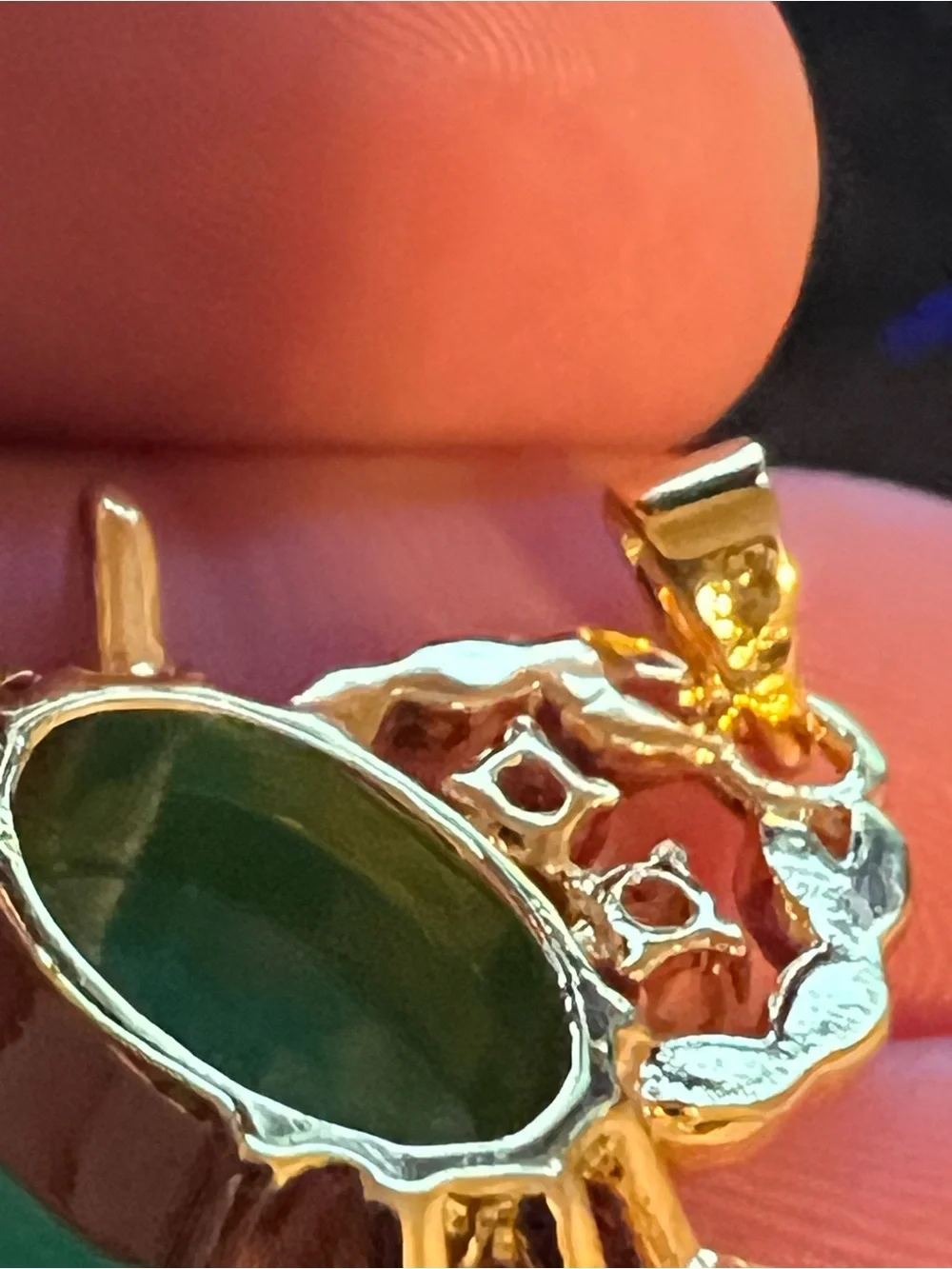 Gold toned Crab Pendant Necklace with Green Jade Stone Clear Quartz